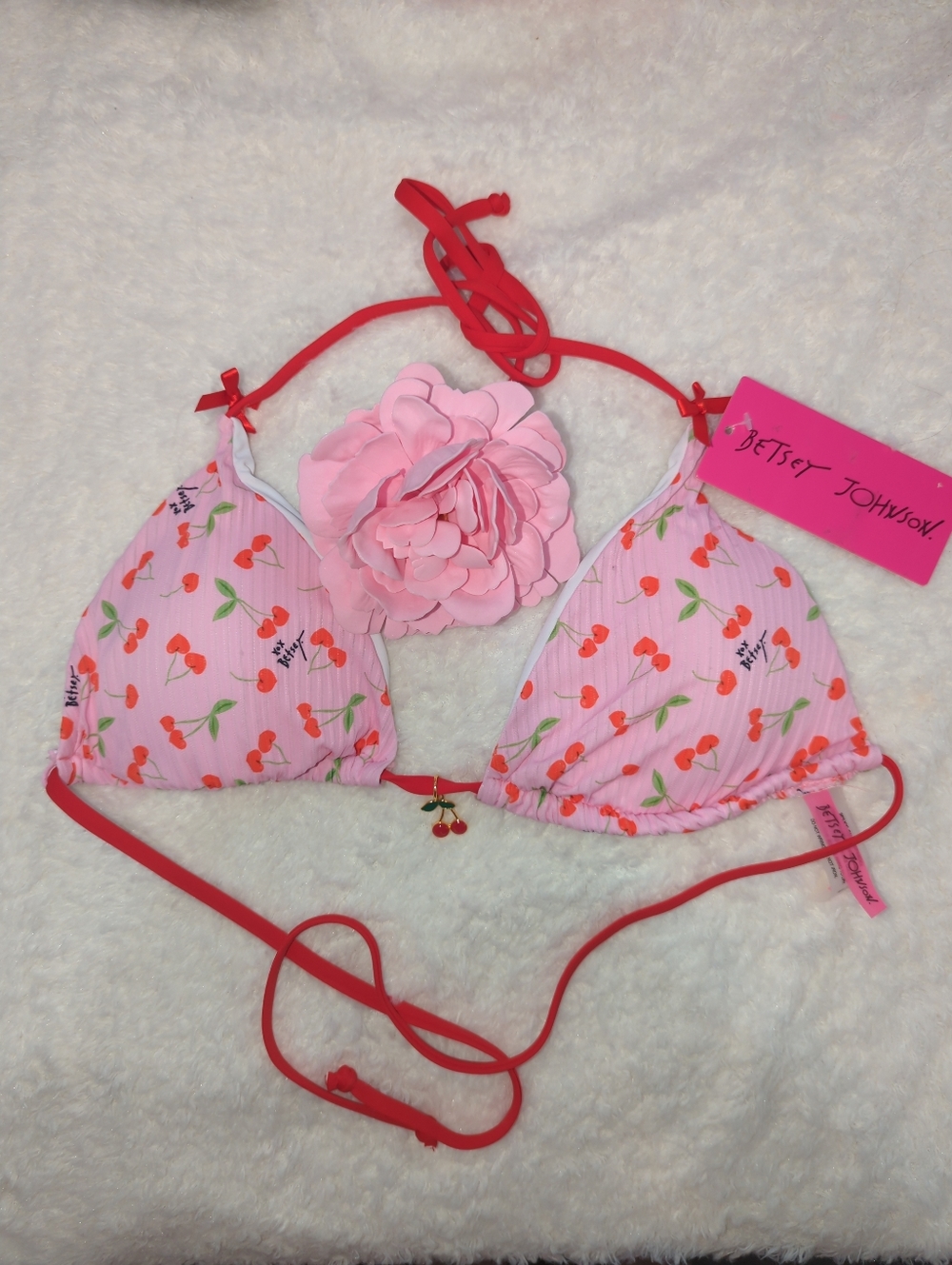 Betsey Johnson Pink Cherry Bikini Top String Triangle Bikini NWT Size L